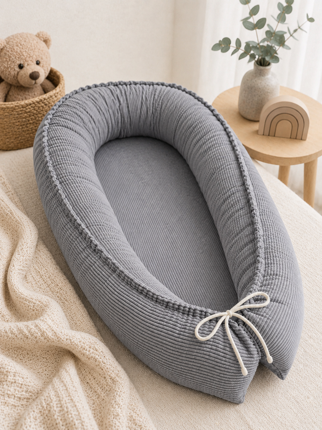 Graues Babynestchen von AnTalin, weiches Nestchen für Babys mit komfortabler Polsterung und trendigem Design