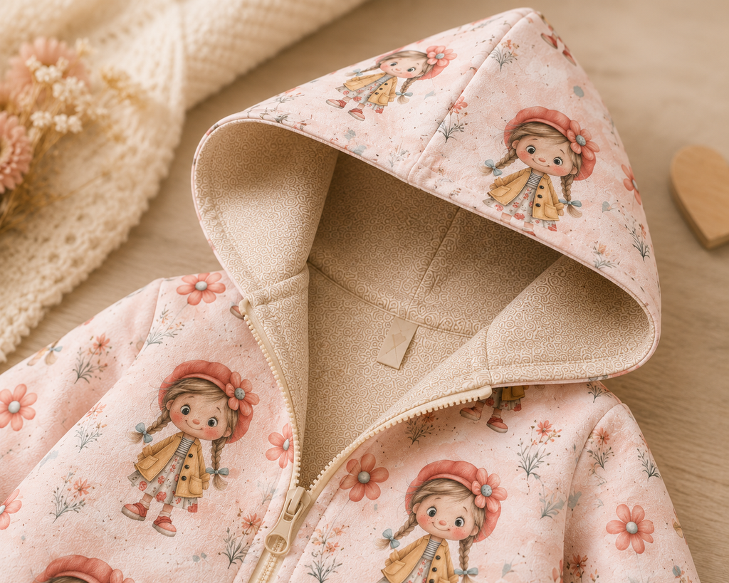 Kinder-Softshelljacke mit Kapuze für Mädchen von AnTalin, bunte Blumenmuster, wasserabweisend und bequem.