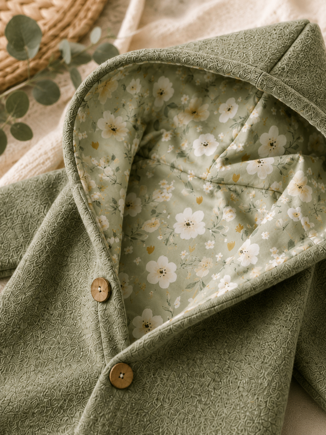 Walk Overall mit Kaputze - kuscheliger Einteiler mit floralem Innenfutter Salbeiblüte