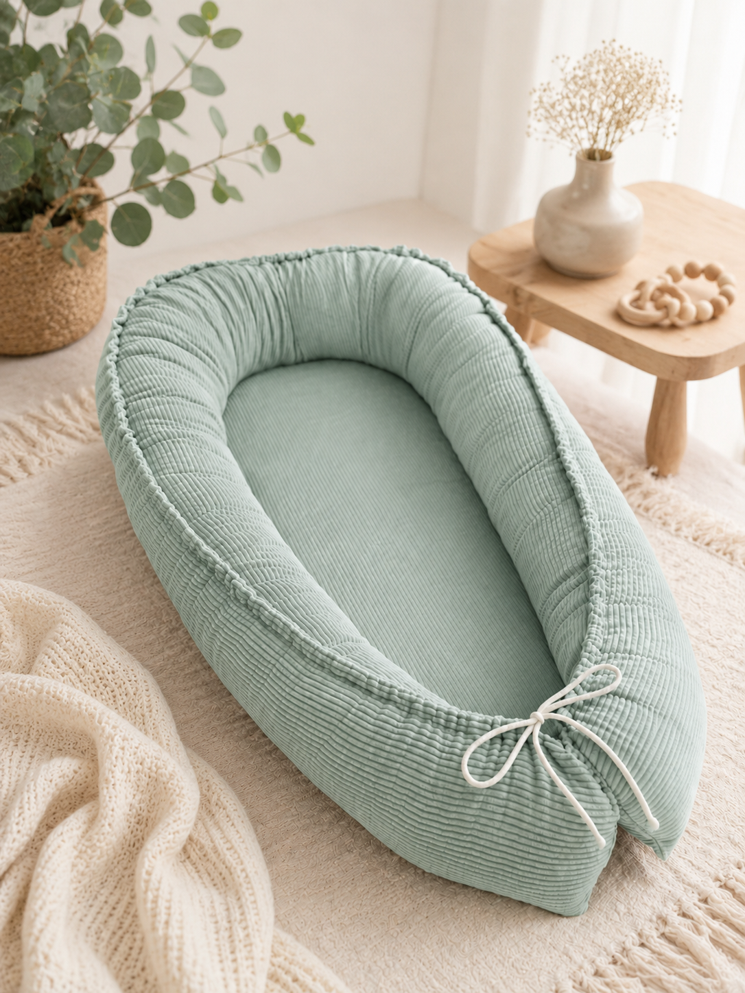 AnTalin Babynest Cord in Mintgrün, weiches Nestchen für Babys, mit gepolsterten Seiten und praktischem Design.