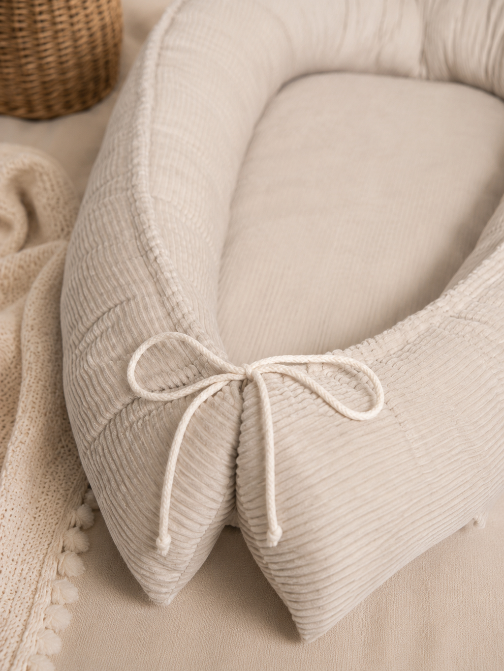 Beigenes Babynest Cord von AnTalin, weiches Nestchen für sicheren und bequemen Schlaf für Babys.
