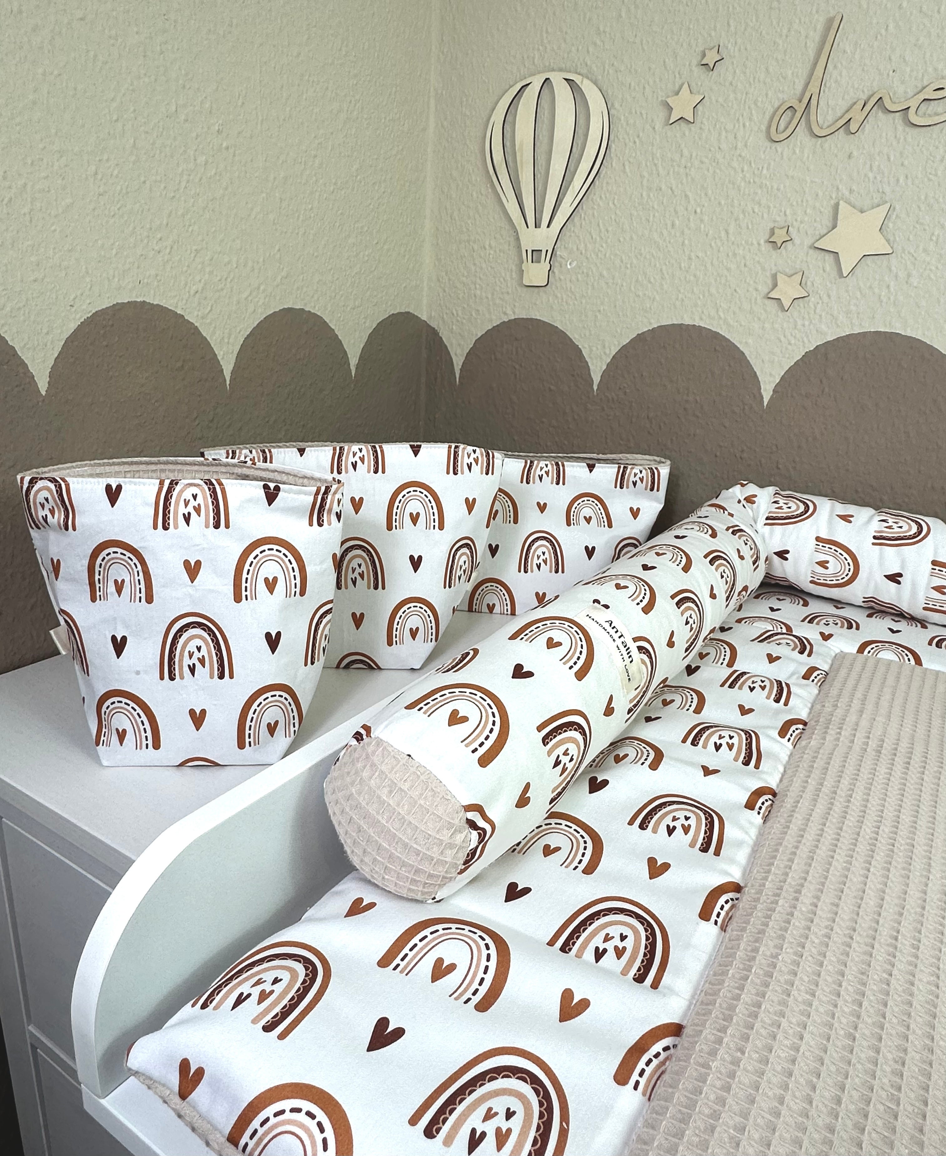 Wickelauflage Set 5tlg. Regenbogen beige, Waffelpique hell beige, weiche Baby-Wickelauflagen, AnTalin.
