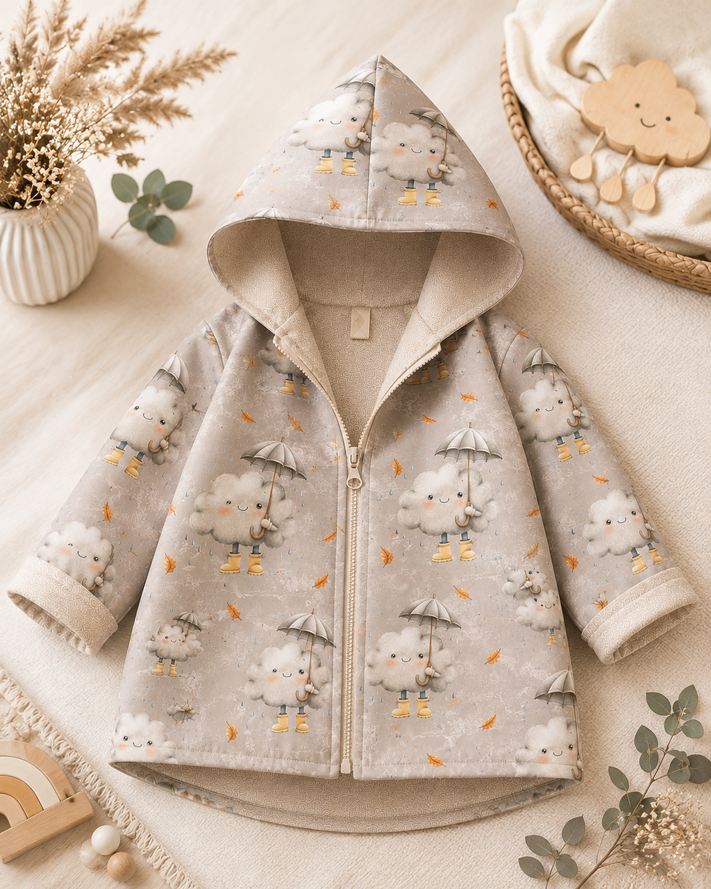 Kinder-Softshelljacke mit Kapuze von AnTalin, Herbstwolke, in bunten Farben, ideal für den Herbst, wind- und wasserabweisend.