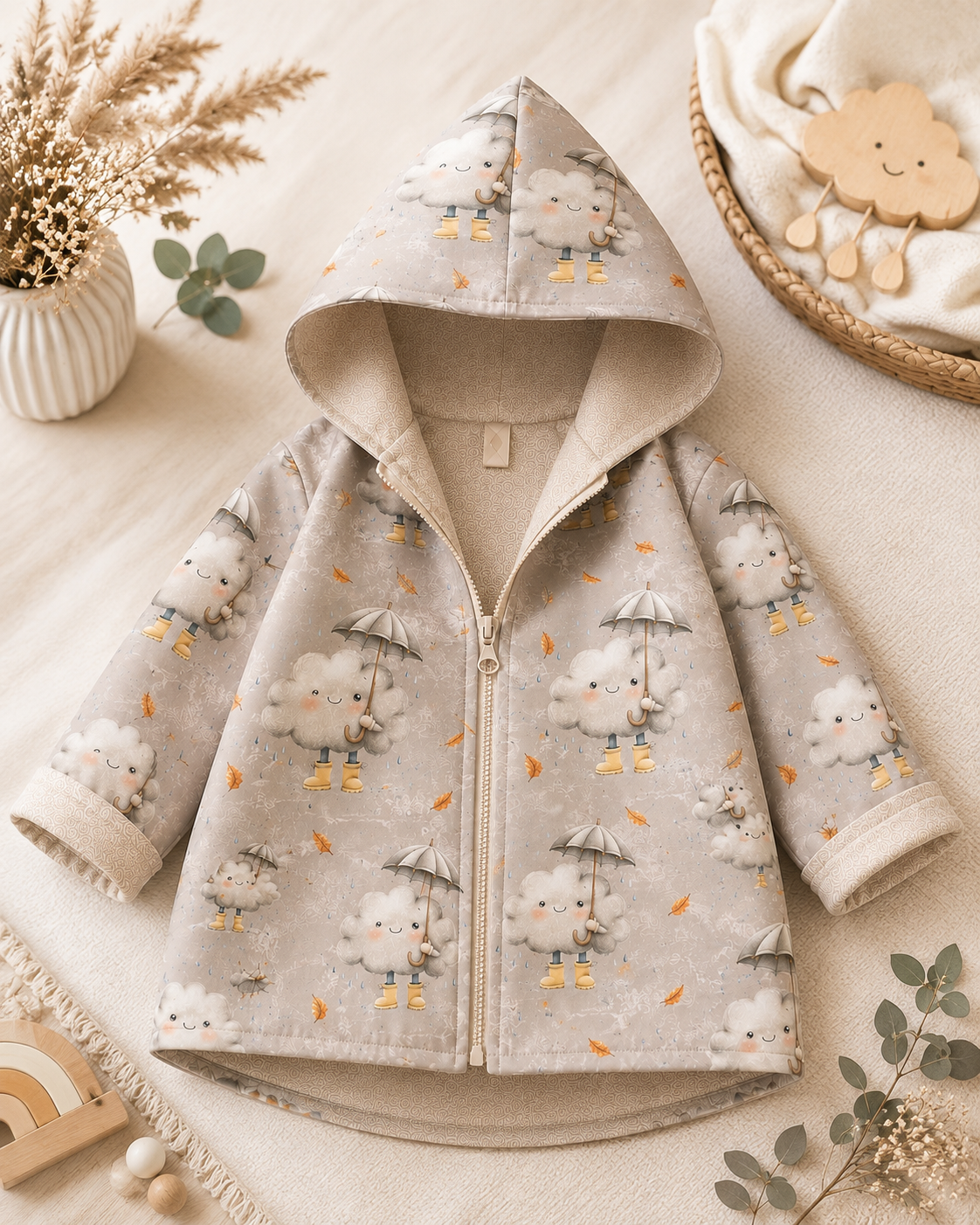 Kinder-Softshelljacke mit Kapuze von AnTalin, Herbstwolke, in bunten Farben, ideal für den Herbst, wind- und wasserabweisend.