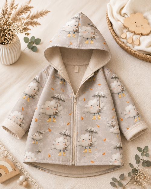 Kinder-Softshelljacke mit Kapuze von AnTalin, Herbstwolke, in bunten Farben, ideal für den Herbst, wind- und wasserabweisend.