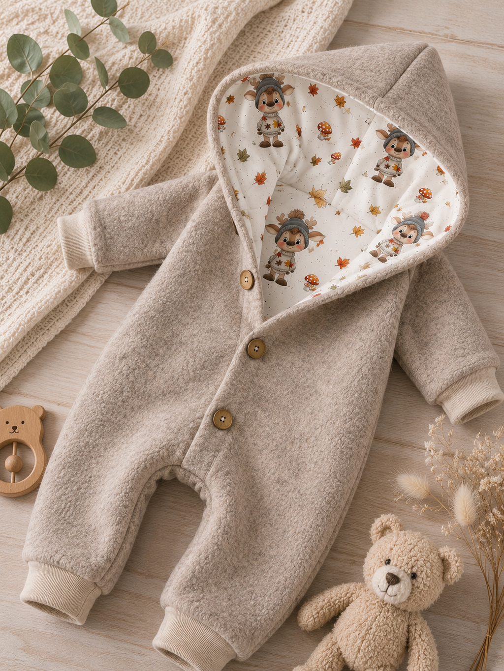 Walk Overall mit Kaputze in beige- kuscheliger Einteiler mit Reh-Innenfutter
