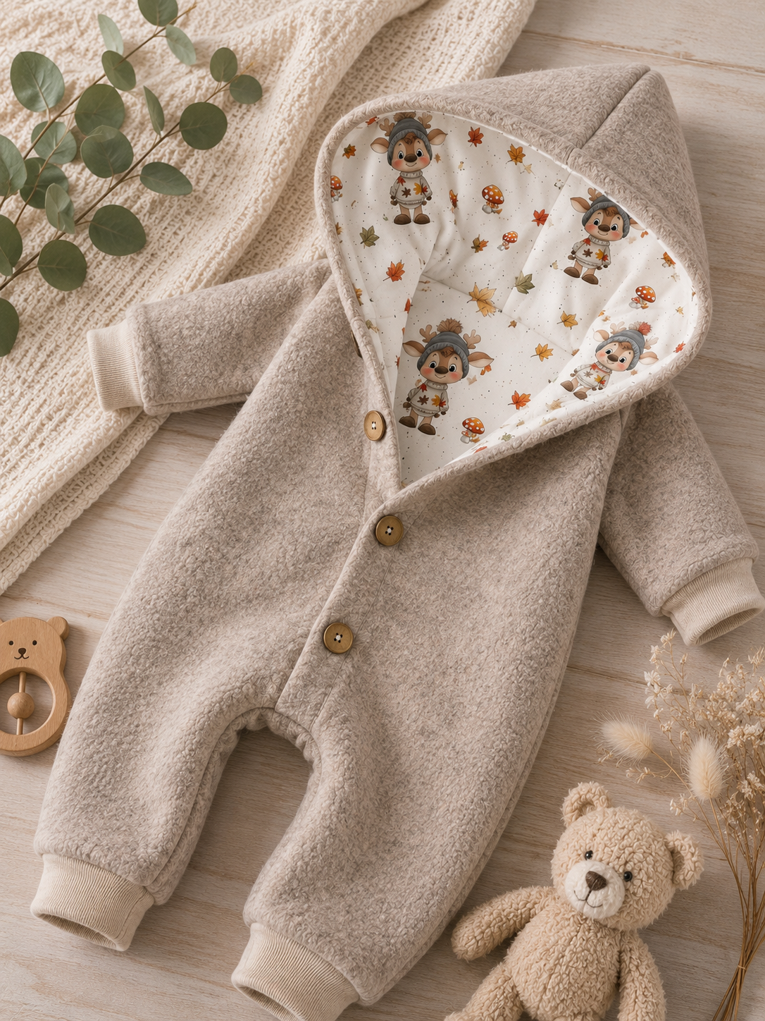 Walk Overall mit Kaputze in beige- kuscheliger Einteiler mit Reh-Innenfutter