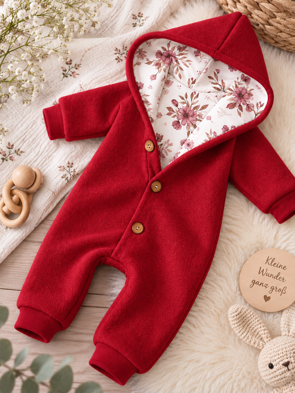 Walk Overall Winterrose mit Kaputze - kuscheliger Einteiler mit Blumendesign