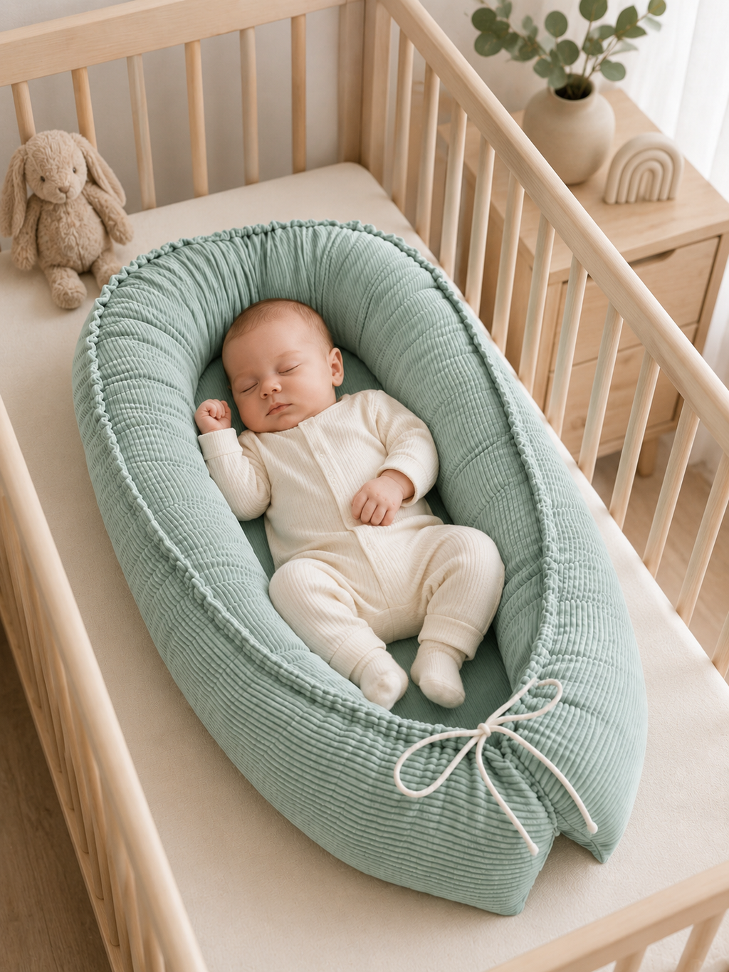 Baby-Nestchen von AnTalin in Mintgrün, weiches Nest für sicheren Schlaf und Komfort für Babys.
