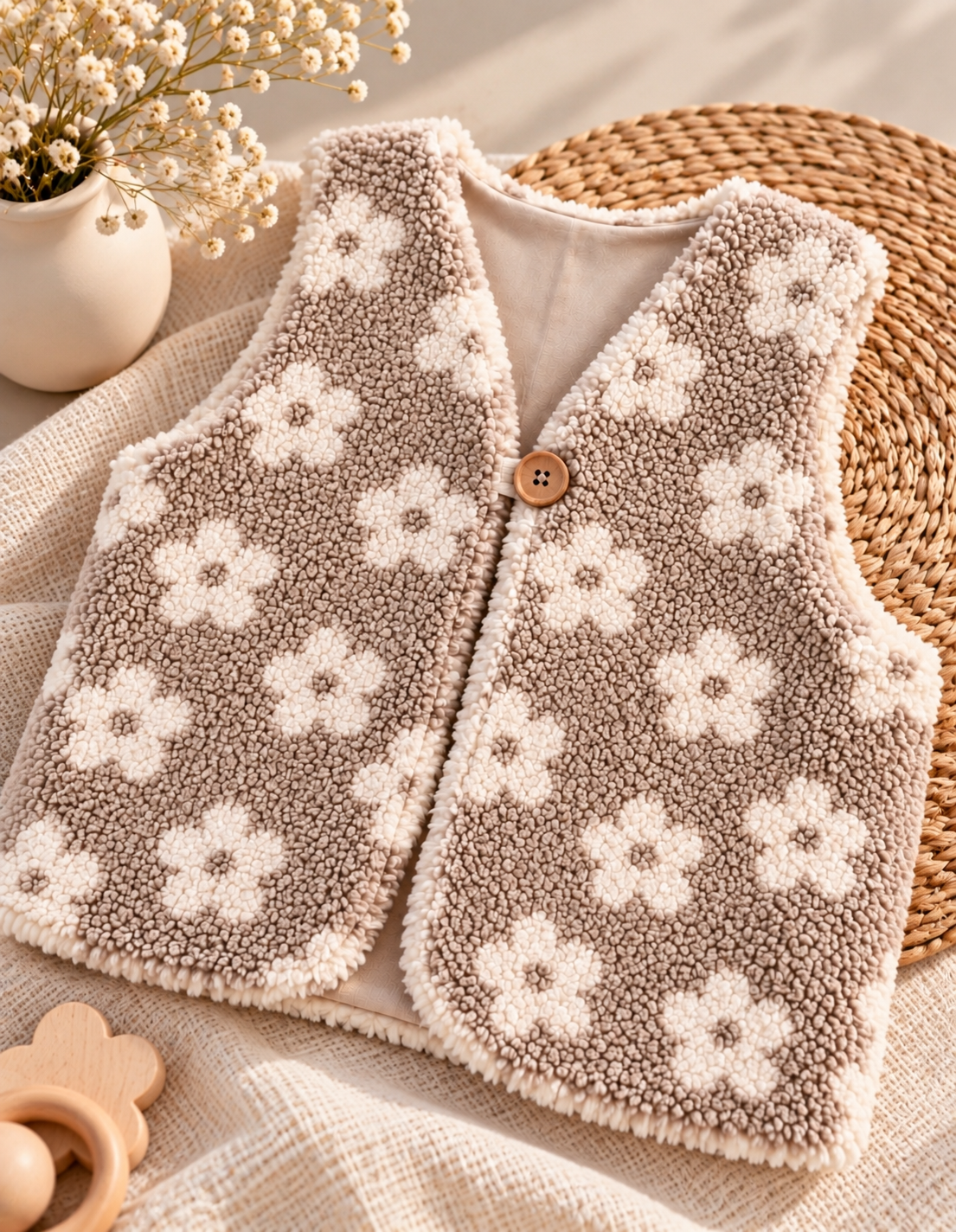 Kuschelige Teddyweste mit Blumen- Kinderweste in Taupe