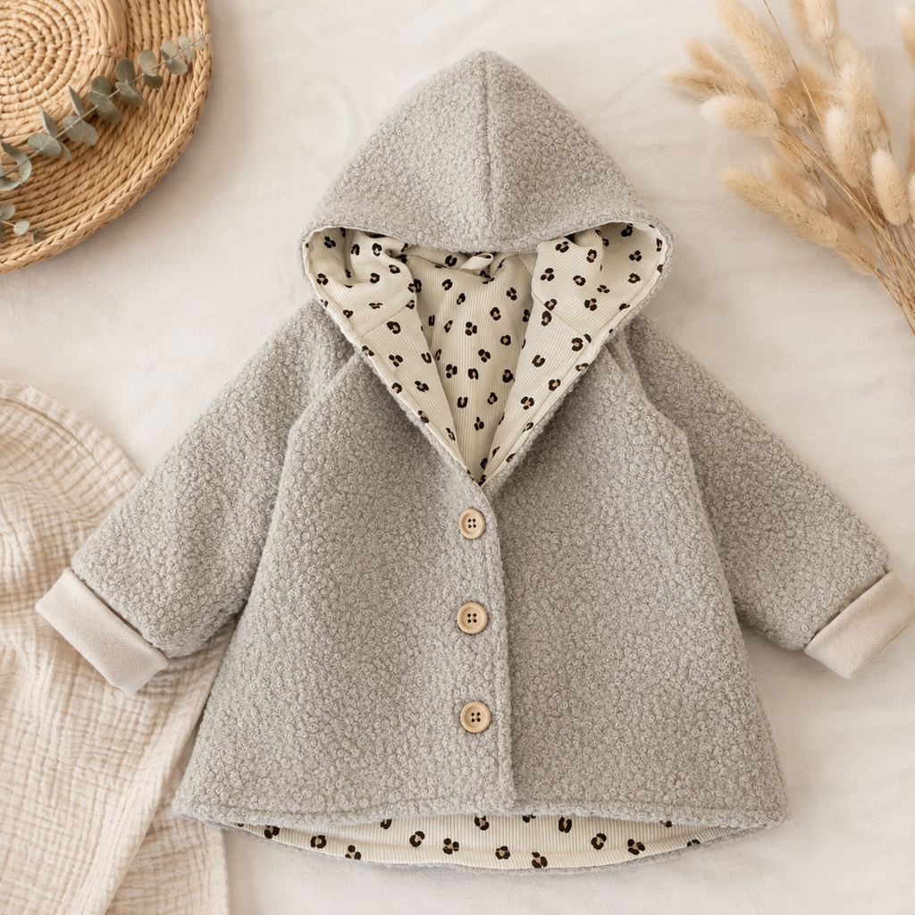 Beige Leo Bouclé Jacke mit Kapuze von AnTalin, strukturierte Textur, modisches Design, für lässigen Alltag.
