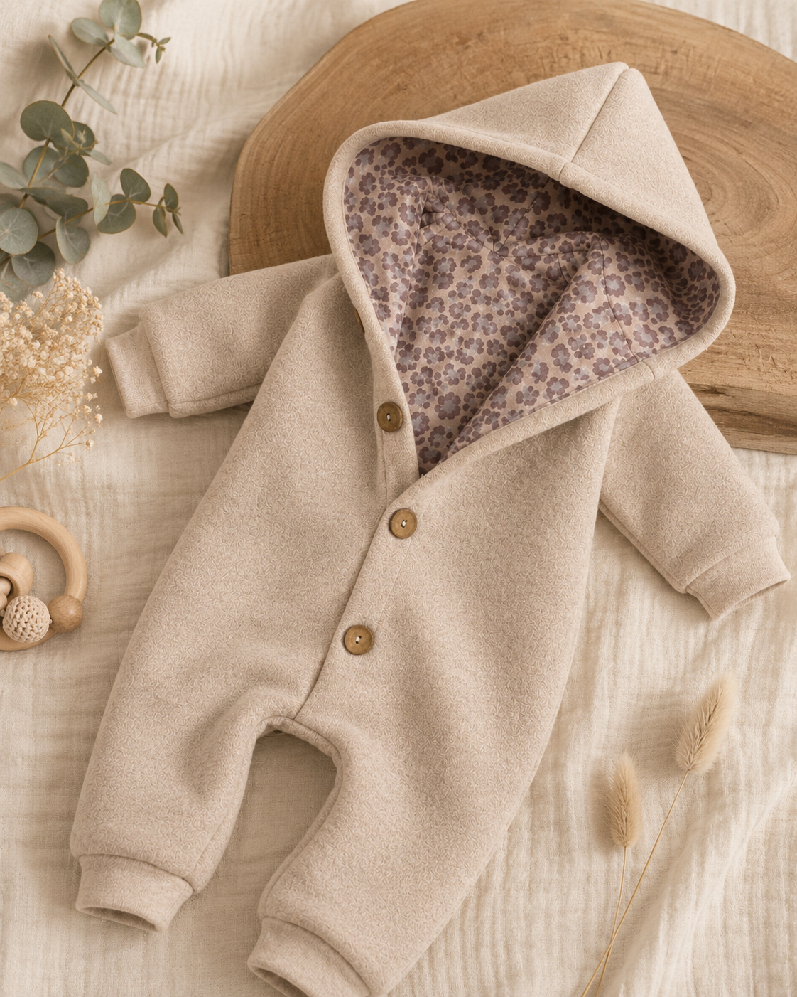 Walk Overall mit Kaputze - kuscheliger Einteiler mit Leo-Innenfutter Taupe
