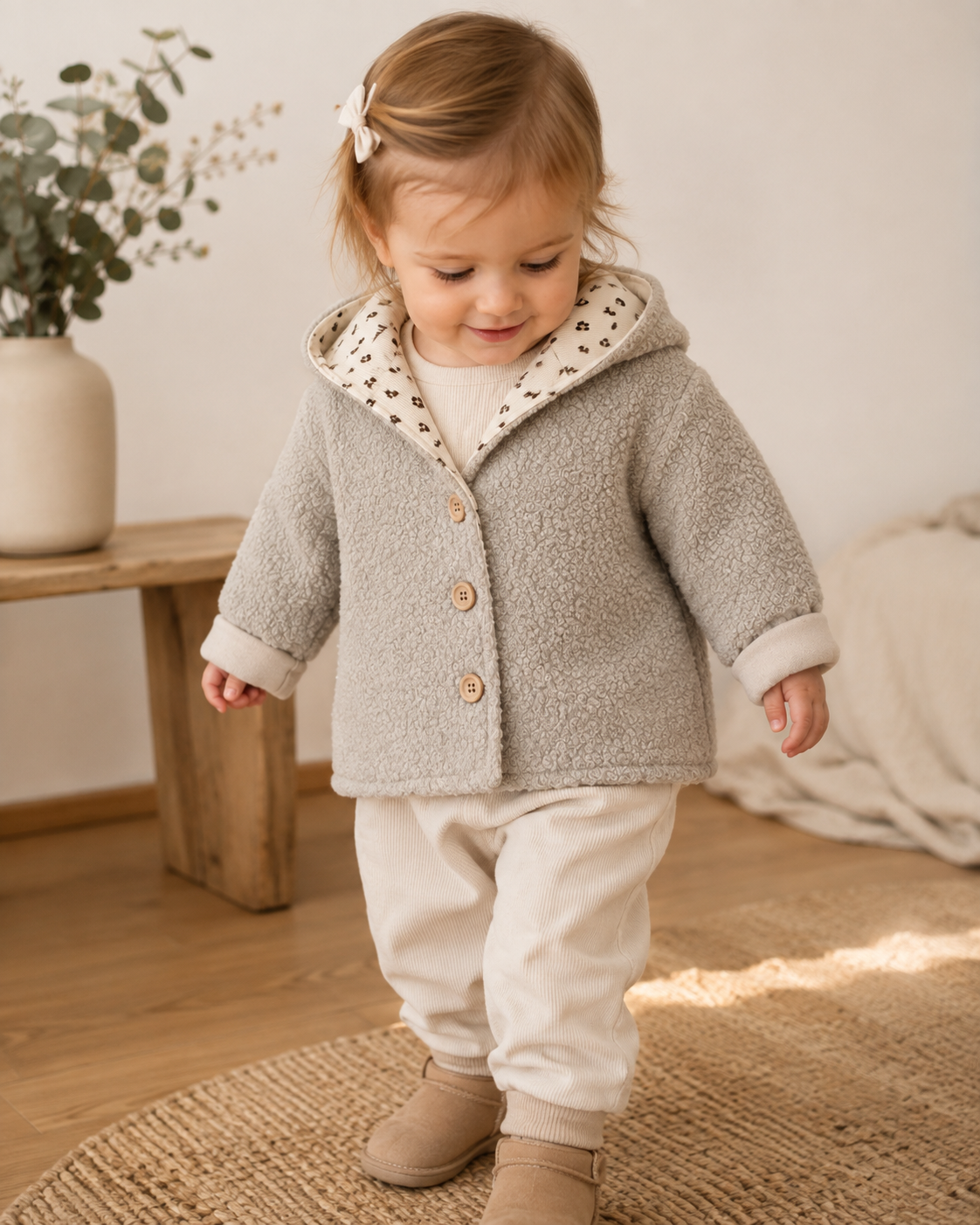 Beige Leo Bouclé Jacke mit Kapuze von AnTalin, strukturierte Textur und modischer Schnitt, ideal für kalte Tage.