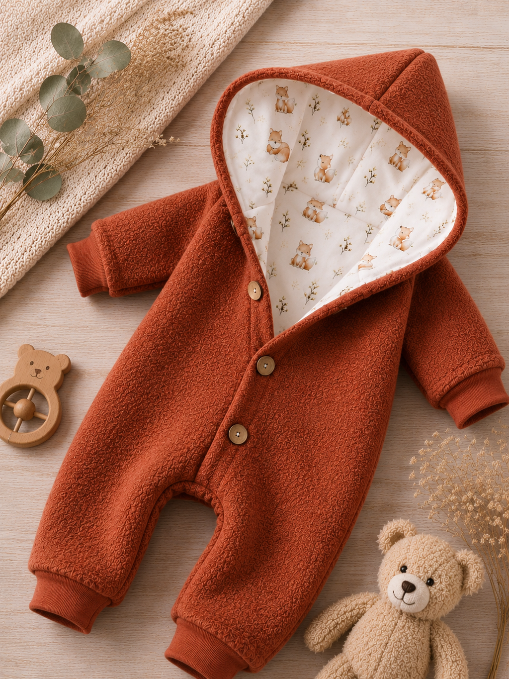 Walk Overall mit Kaputze - kuscheliger Einteiler mit Fuchs-Motiv