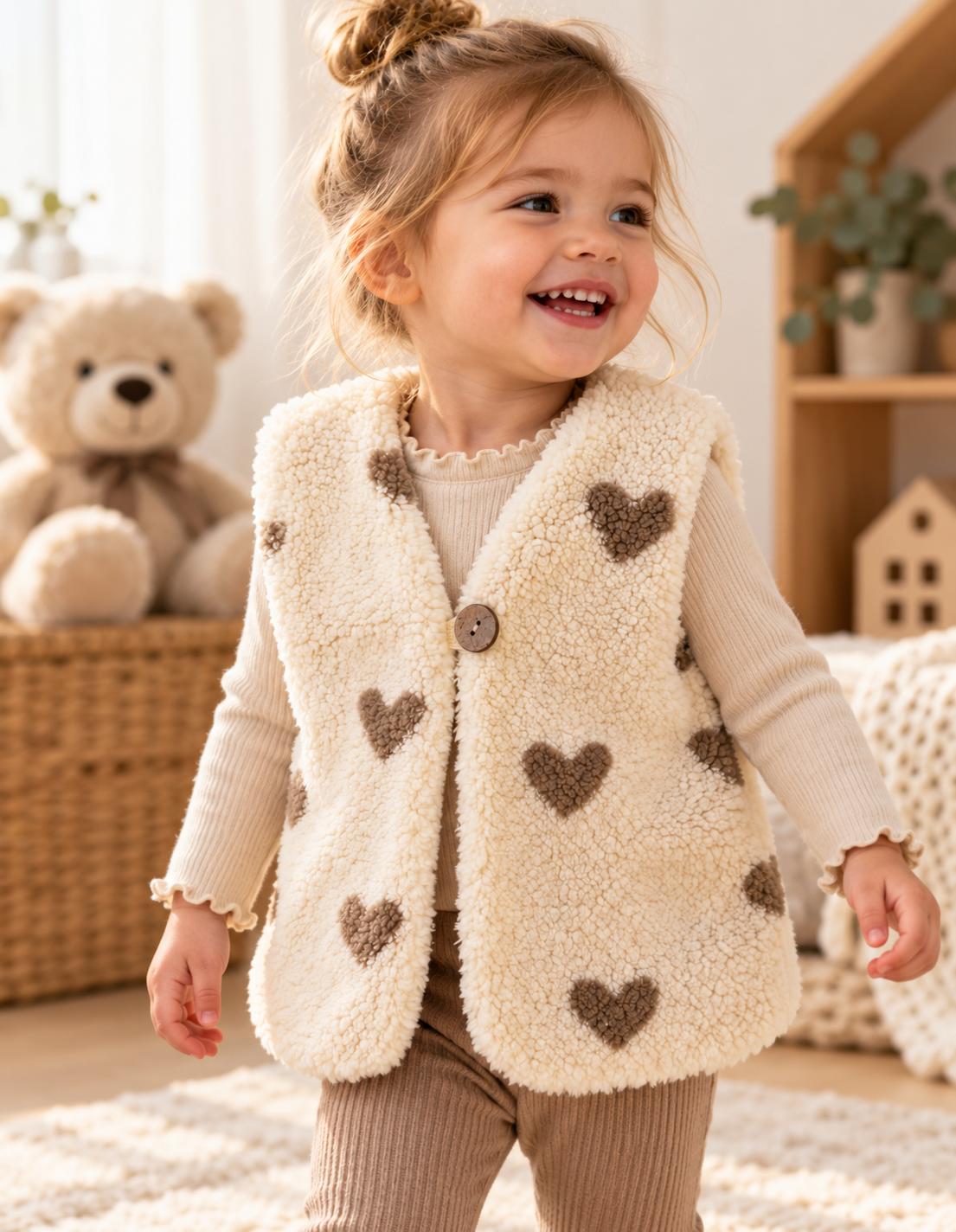 Kuschelige Teddyweste mit Herzen - Kinderweste in Creme