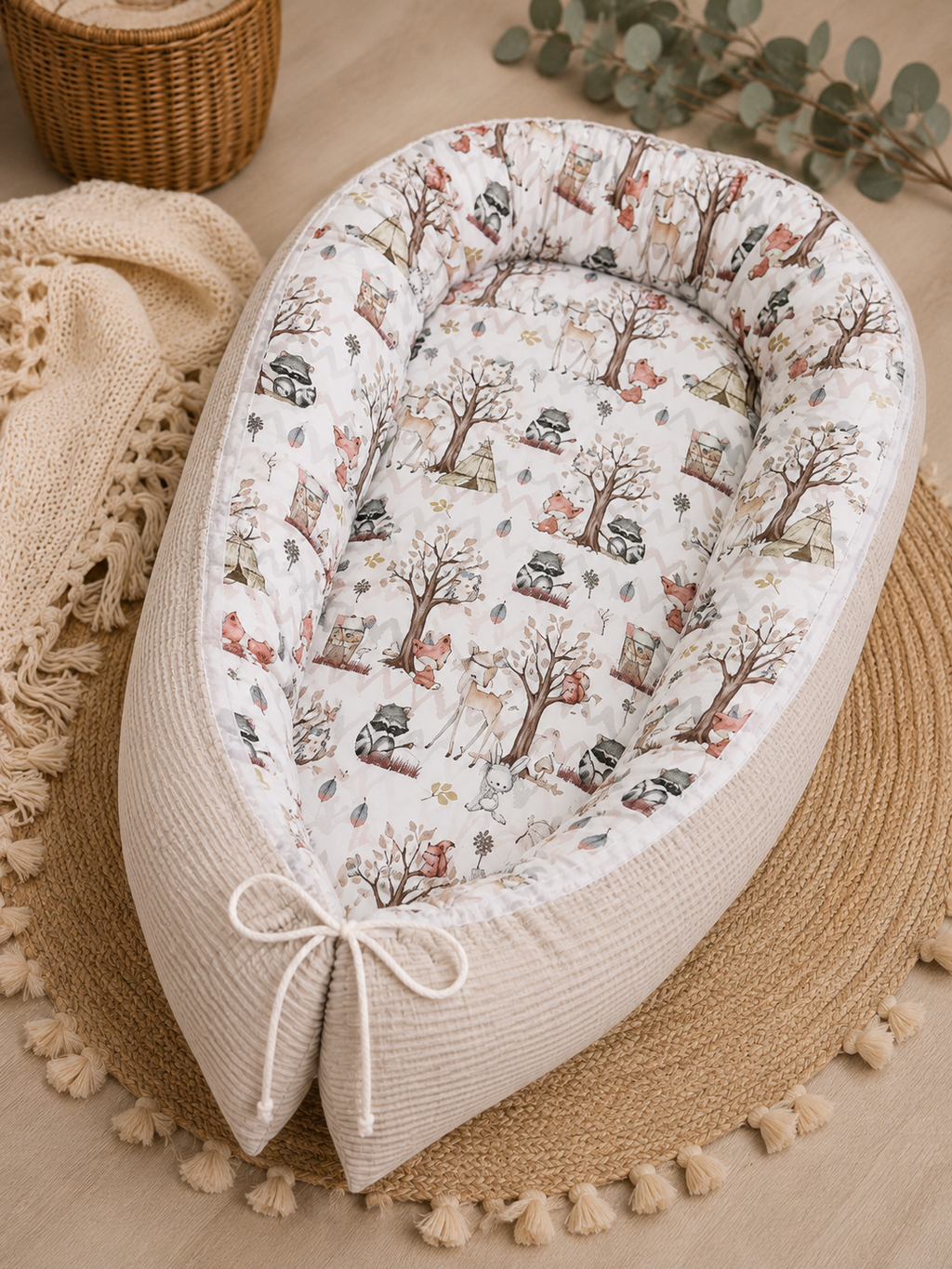 AnTalin Nestchen mit Waldtiere, weicher Schutz für Babys, aus Stoff mit Waldtier-Motiven, ideal für Kinderbettchen