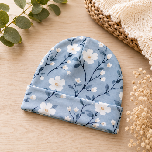 Weiche Baby-Mütze von AnTalin mit zartem Eisblüten-Blumenmuster, ideal für kalte Tage, angenehmer Tragekomfort