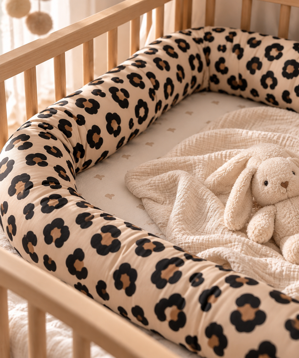 Bettschlange beige mit Leopardenmuster - kuschelige Wickeltischumrandung fürs Baby