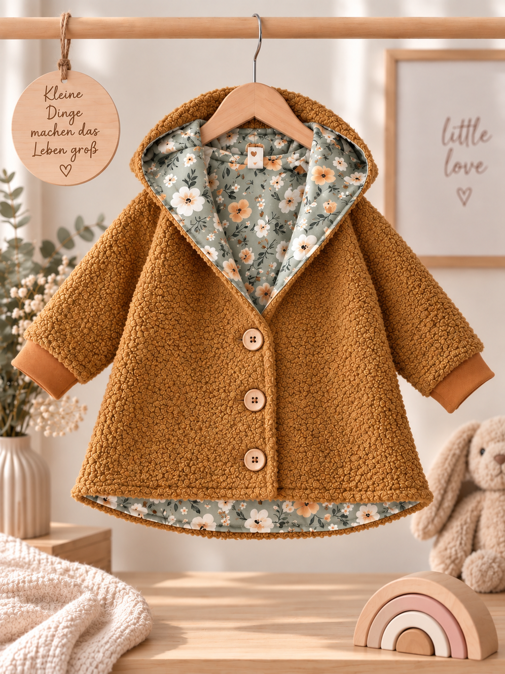 Boucle Jacke mit Kaputze, Salbeiblüte Ocker