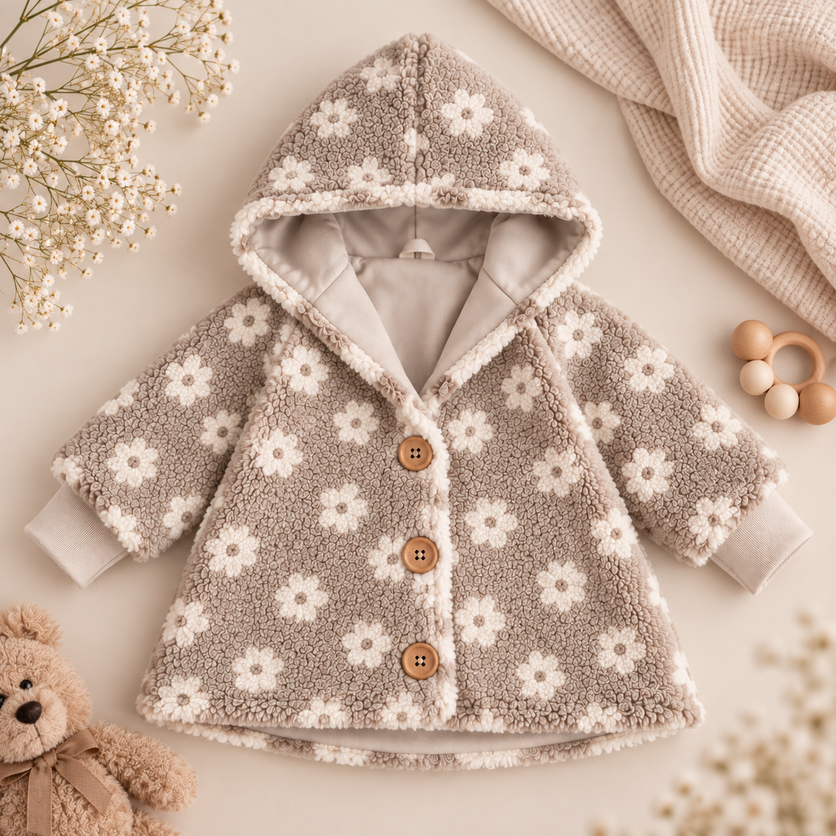 Teddyjacke mit Blumenmuster-kuschelig weich & warm
