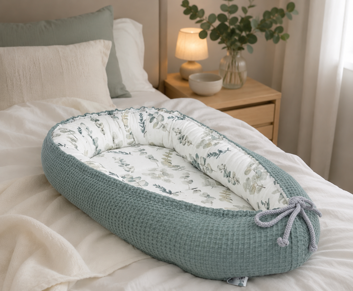 Weiches Nestchen Eukalyptus von AnTalin mit grünem Eukalyptus-Motiv für Babyschutz und Komfort.