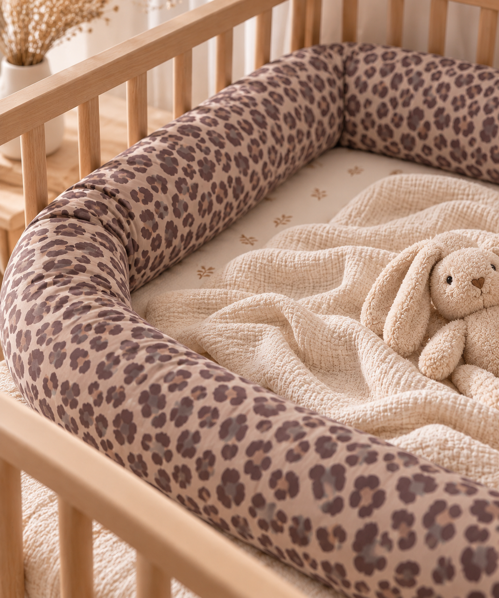 Bettschlange Taupe mit Leopardenmuster - kuschelige Wickeltischumrandung fürs Baby