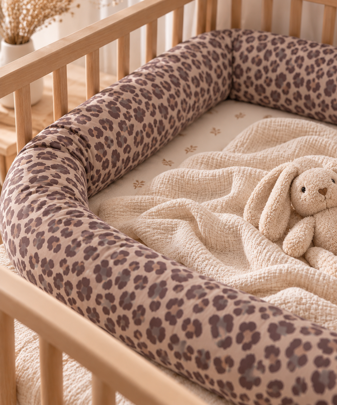 Bettschlange Taupe mit Leopardenmuster - kuschelige Wickeltischumrandung fürs Baby