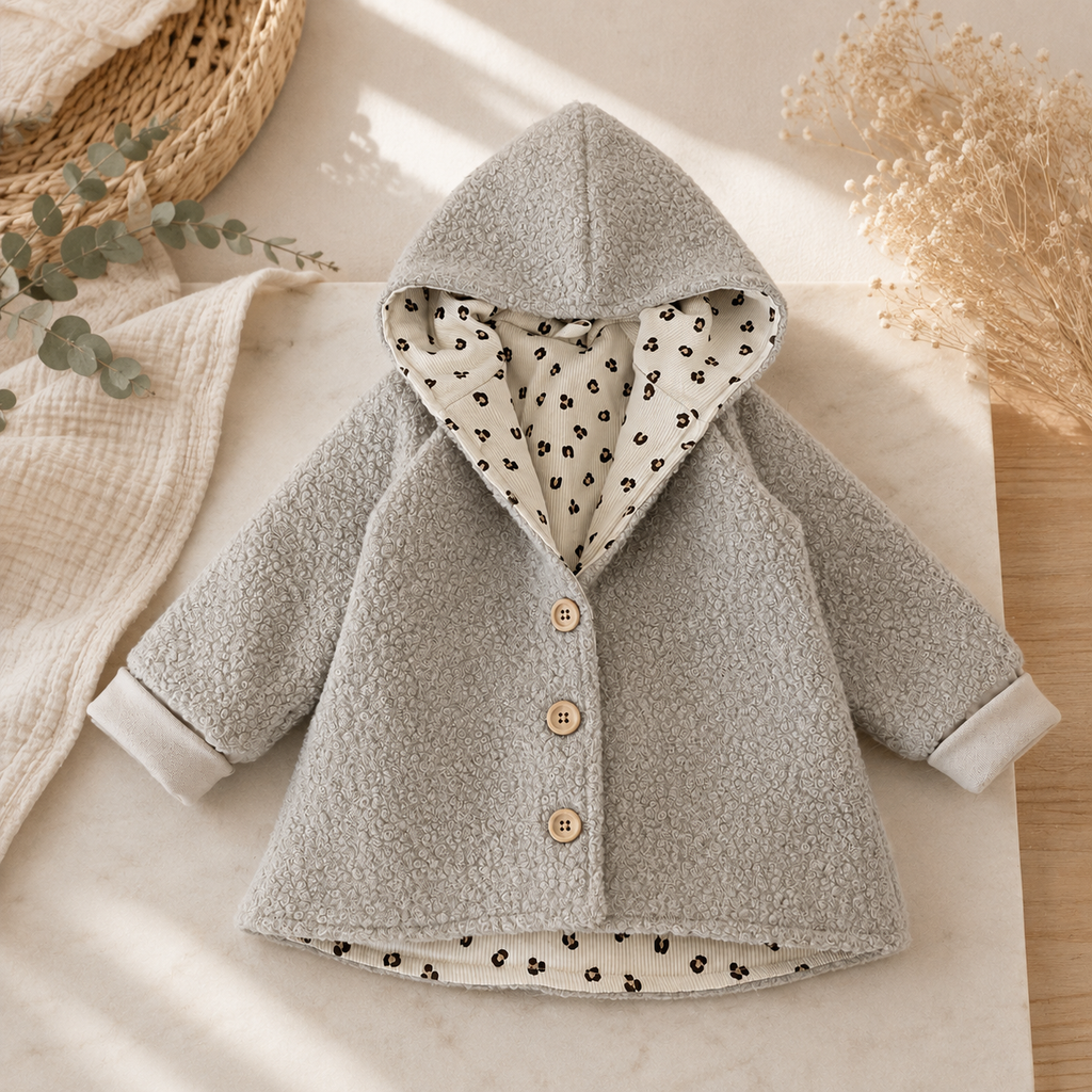 Beige Leo Bouclé Jacke mit Kapuze von AnTalin, warme Textur, modischer Schnitt, elegante Damenjacke mit Tiermuster.