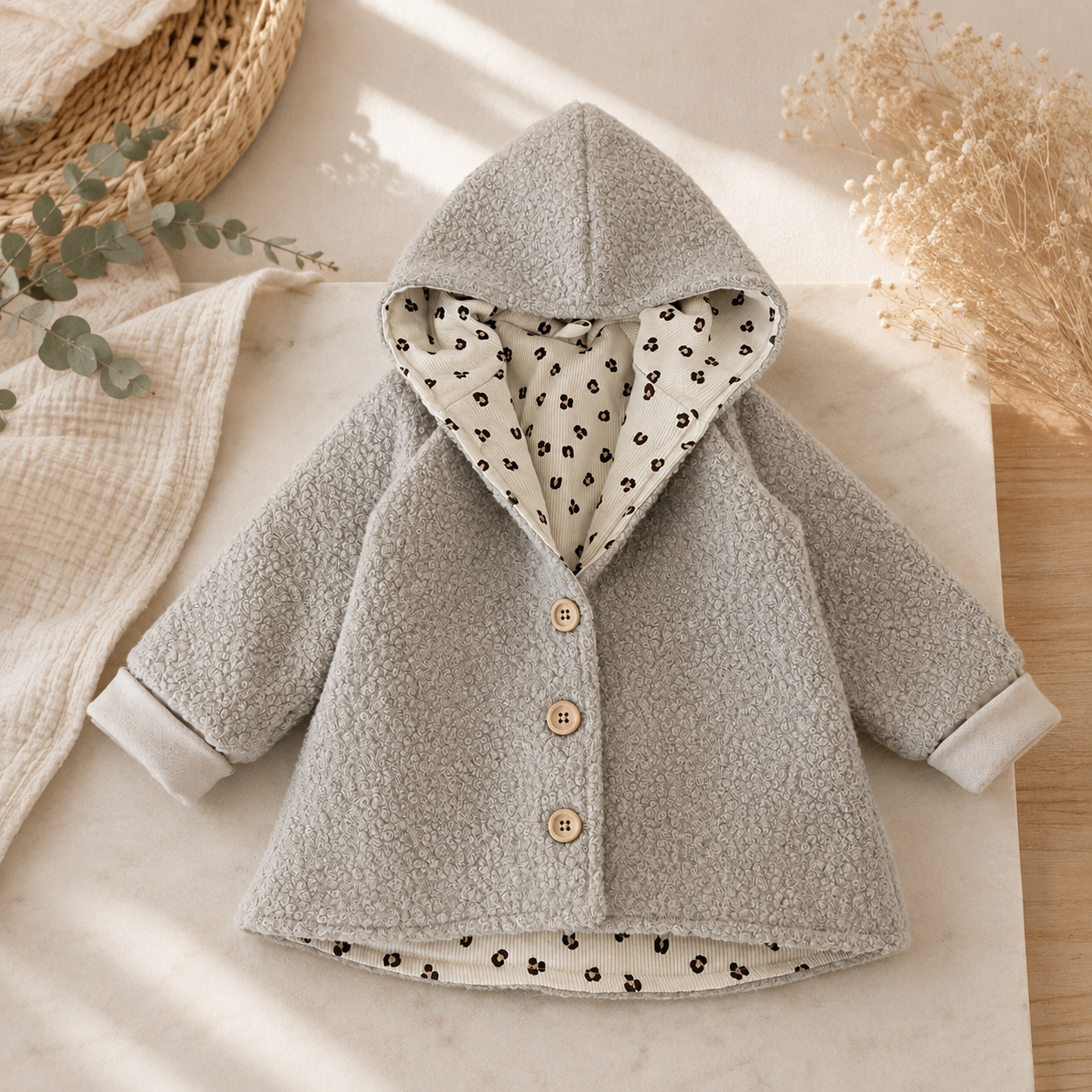 Beige Leo Bouclé Jacke mit Kapuze von AnTalin, warme Textur, modischer Schnitt, elegante Damenjacke mit Tiermuster.