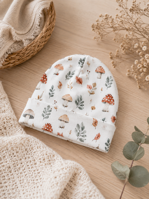 Baby Beanie Naturzauber - handgefertigte Babymütze mit liebevollem Pilz-Design