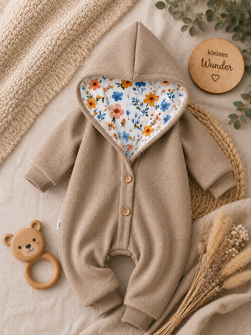 Walk Overall mit Kaputze - kuscheliger Einteiler mit floralem Innenfutter Wildblumen