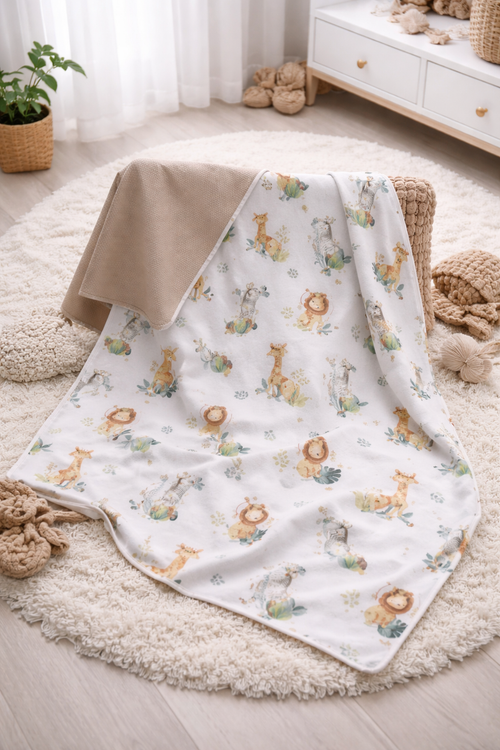 Weiche Babydecke Safari Liebe von AnTalin mit Tiermuster, perfekt für Neugeborene und Babys, gemütliche Kuscheldecke.