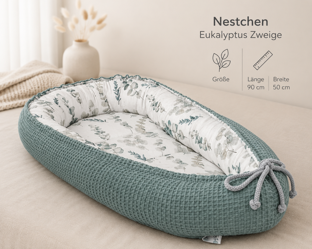 Nestchen Eukalyptus von AnTalin, weiches und bequemes Nestchen mit Eukalyptus-Muster für Babybett und Krabbelbett.