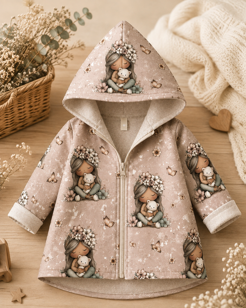 Kinder-Softshelljacke mit Kapuze von AnTalin, mit niedlichem Katzenmuster, ideal für Kinder bei kühlem Wetter.