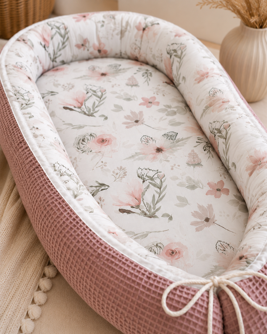 Nestchen Magnolie von AnTalin, weiches und stilvolles Nestchen mit Blumendekor für Babybett, schützt und schmückt das Kinderbett.
