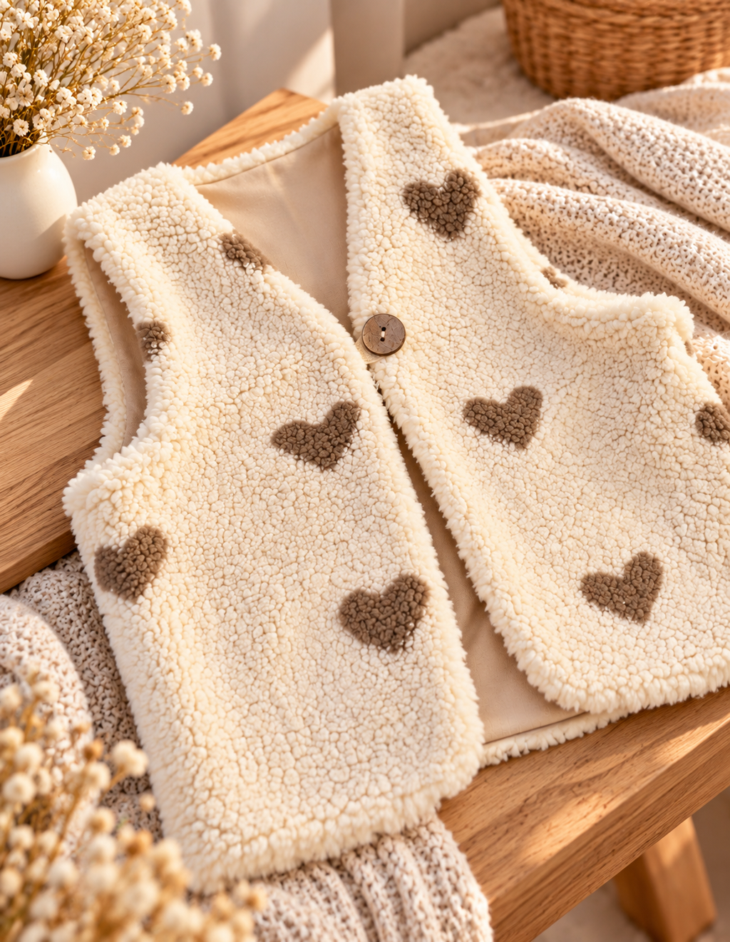 Kuschelige Teddyweste mit Herzen - Kinderweste in Creme