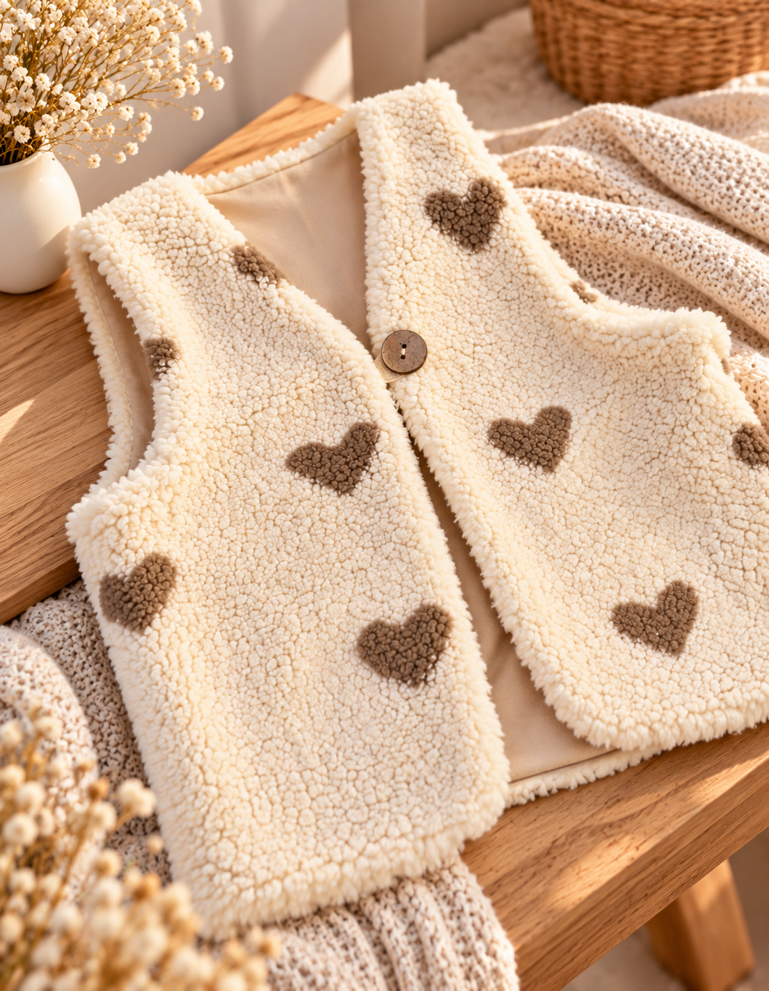 Kuschelige Teddyweste mit Herzen - Kinderweste in Creme