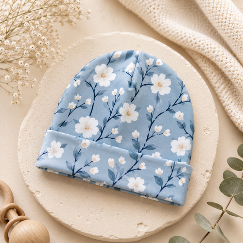 Weiche Baby-Mütze Eisblüte von AnTalin mit zartem Blumenmuster, ideal für kleine Babys, angenehmer Tragekomfort