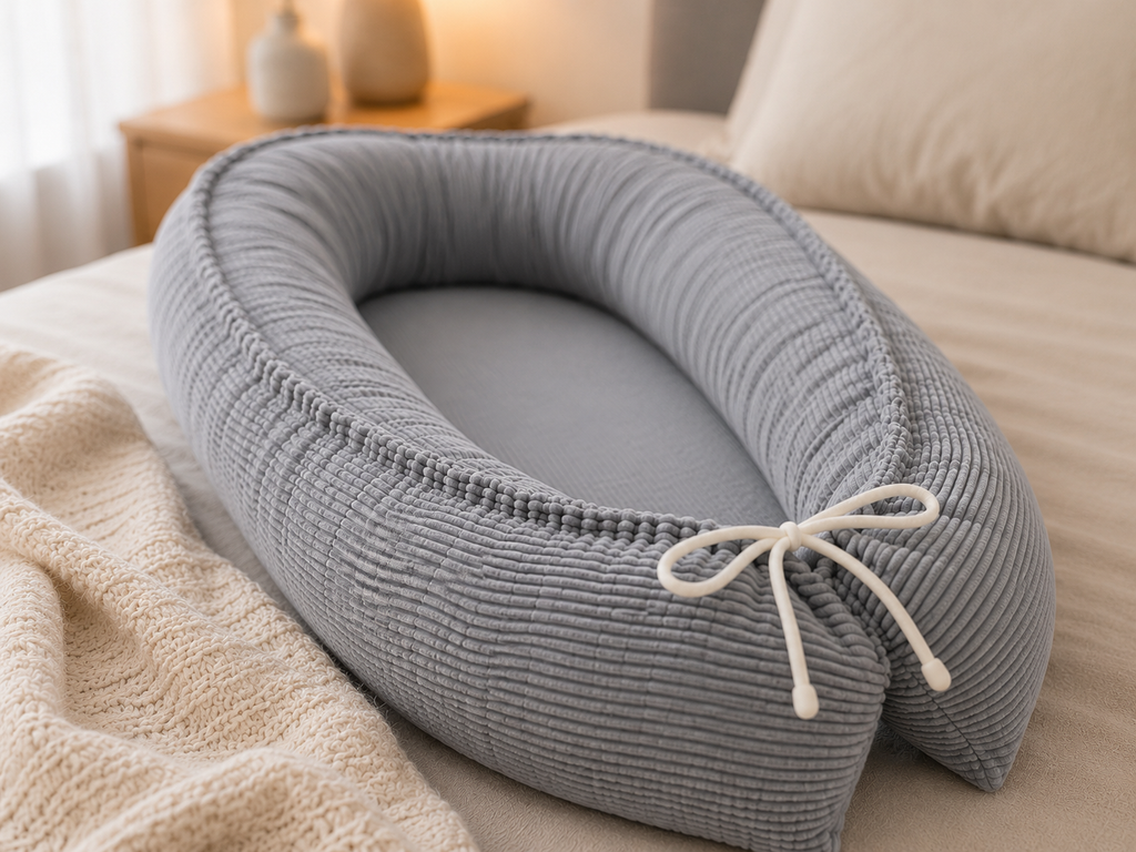 Graues Baby-Nestchen von AnTalin, weiches Cord-Material, mit gepolsterten Seiten für sicheren Babyschlaf und Komfort.