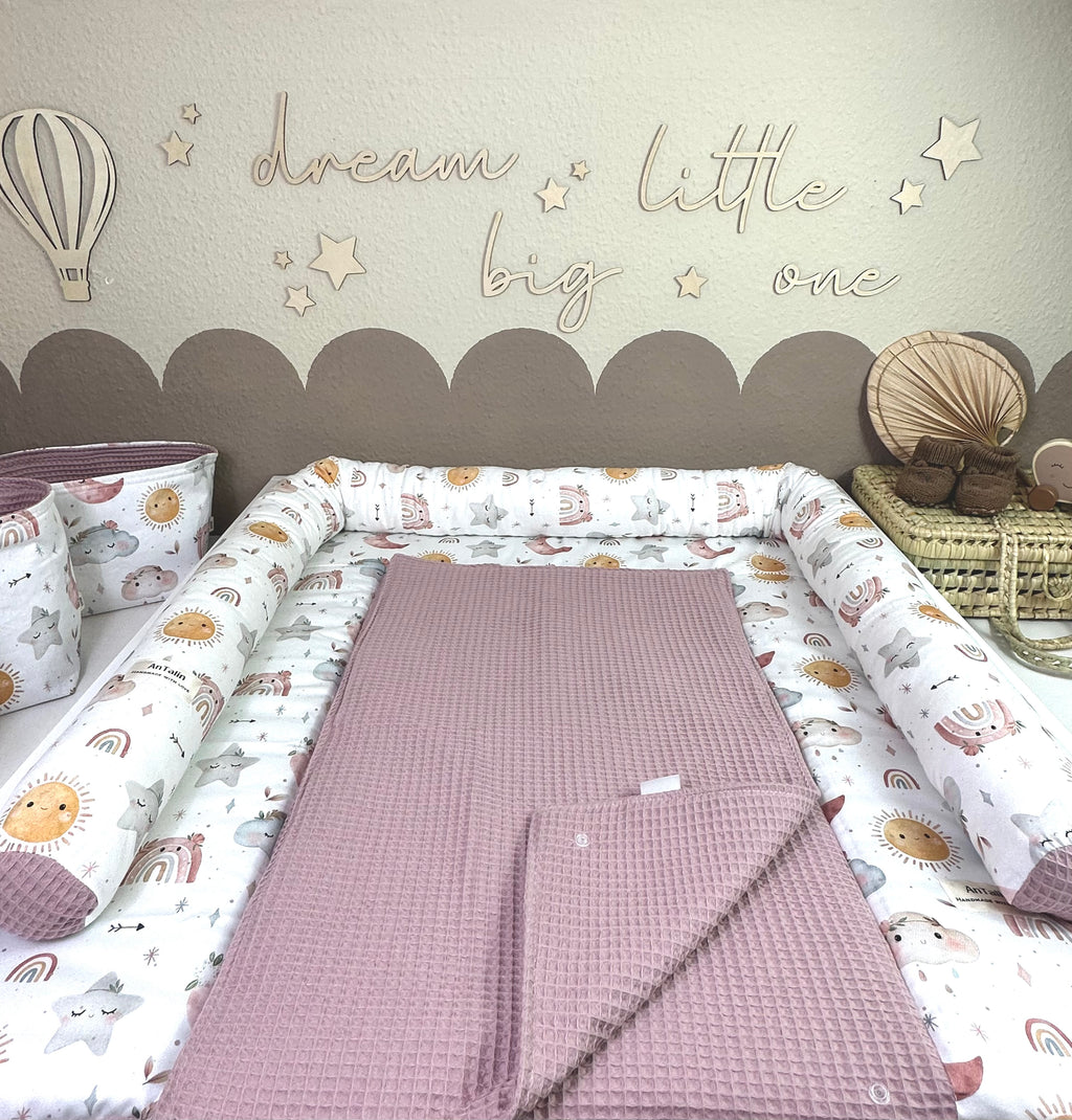 AnTalin Wickelauflage für Baby Mädchen, Waffelpique altrosa, weiche und bequeme Wickelunterlage mit Boho-Stil