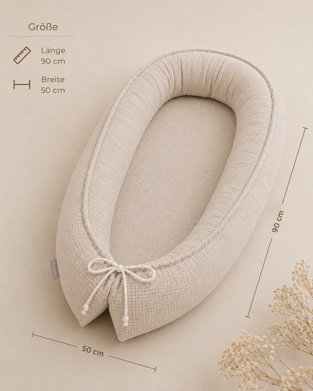 Beiges Musselin Babynestchen von AnTalin, weiche und atmungsaktive Stoffe, ideal für sicheren und komfortablen Babyschlaf.