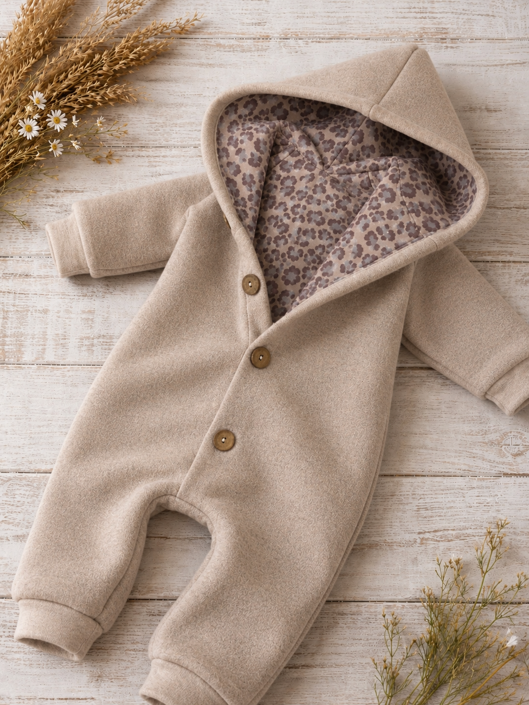 Walk Overall mit Kaputze - kuscheliger Einteiler mit Leo-Innenfutter Taupe