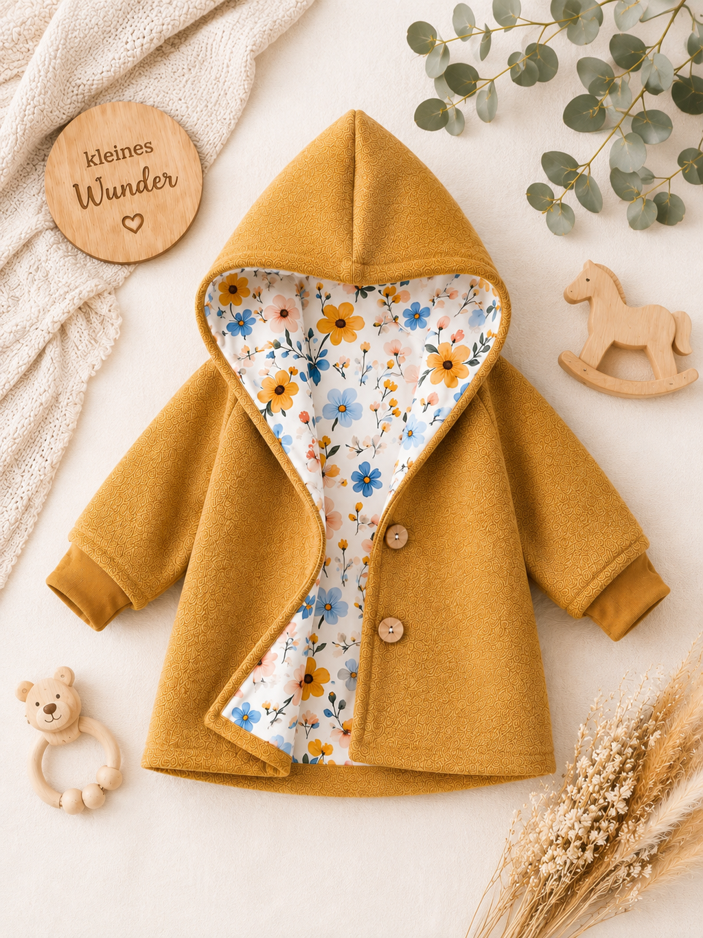 Walkjacke  mit Kaputze - gefütterte Walk-Jacke mit floralem Innenfutter Wildblumen
