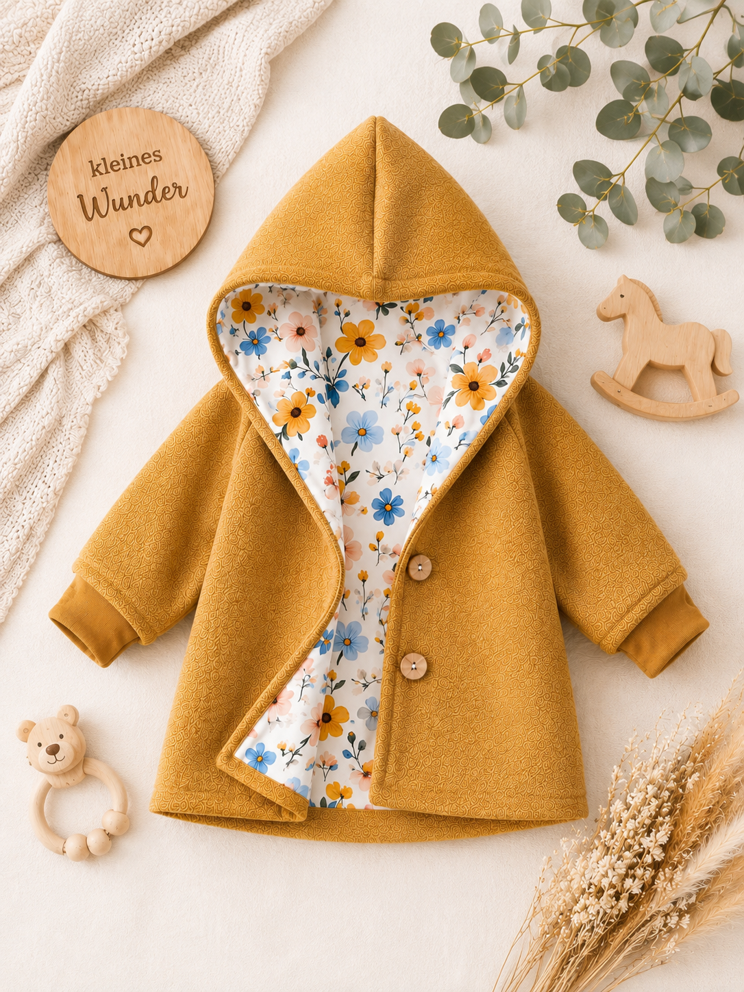 Walkjacke  mit Kaputze - gefütterte Walk-Jacke mit floralem Innenfutter Wildblumen
