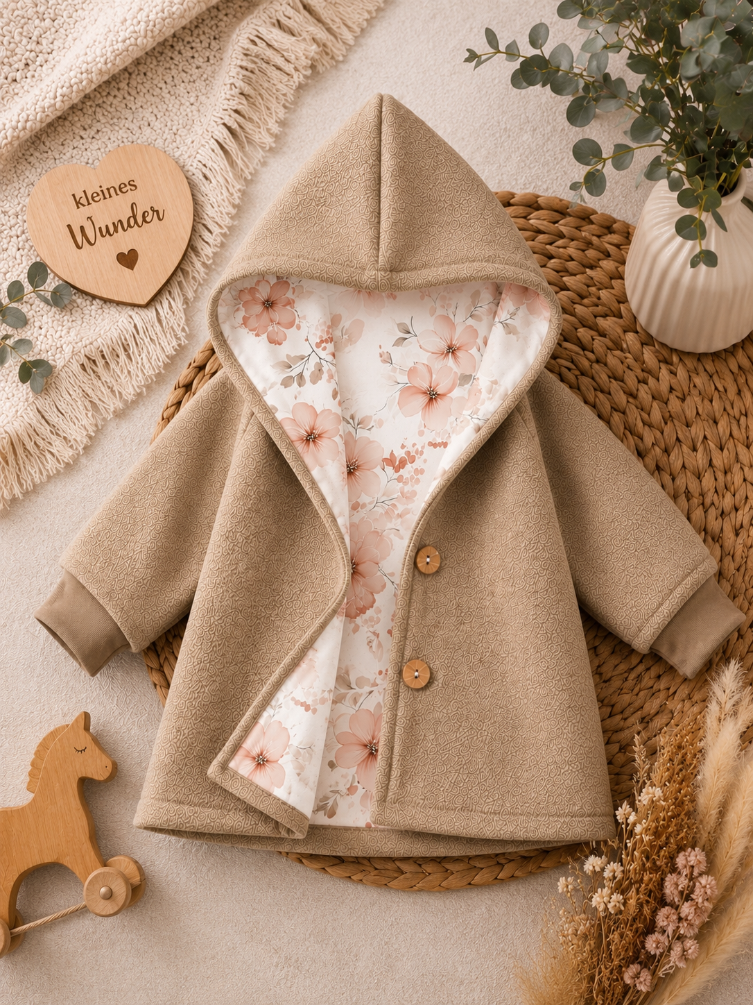 Walkjacke  mit Kaputze - gefütterte Walk-Jacke mit floralem Innenfutter Zauberblüte