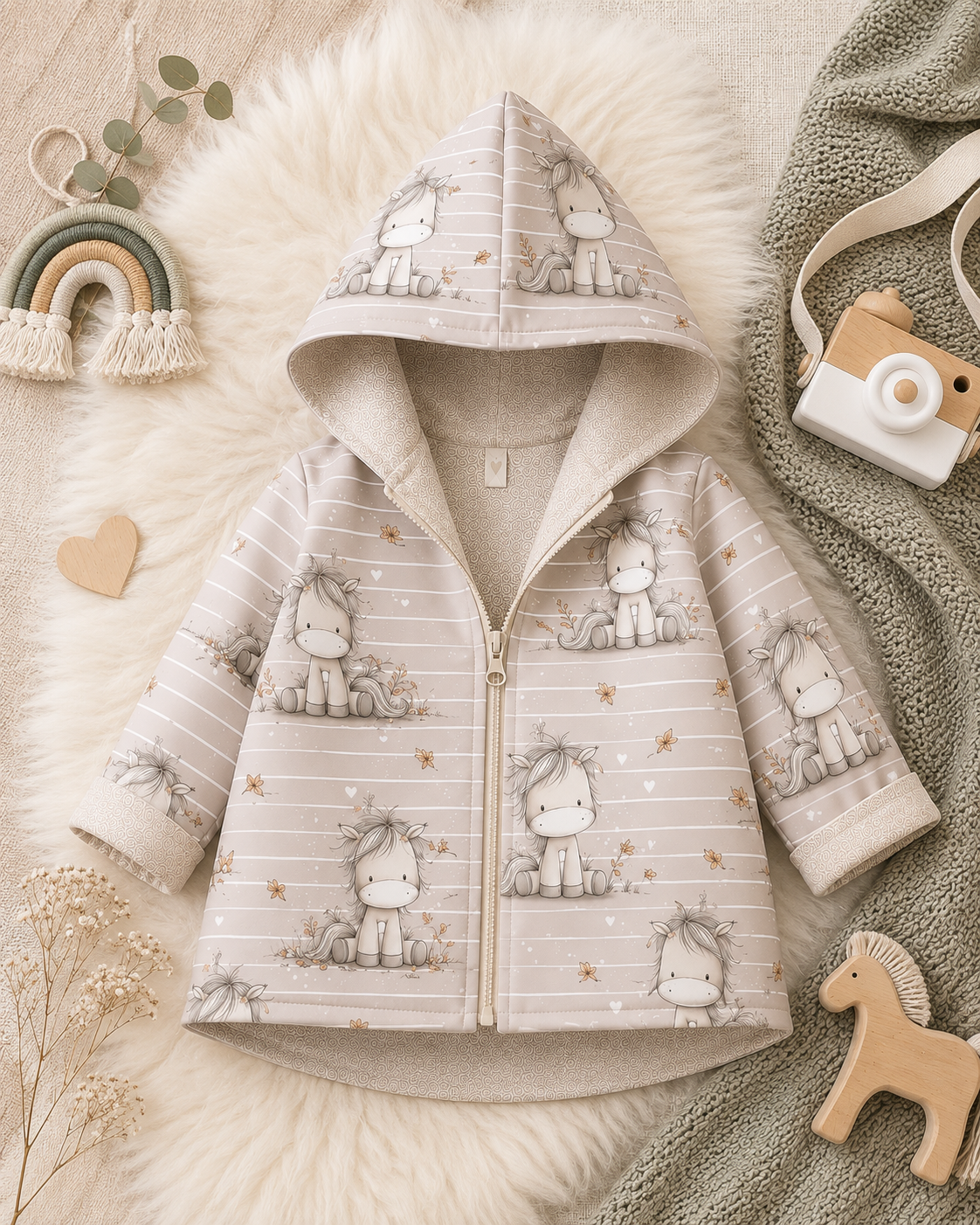 Kinder Softshelljacke mit Kapuze von AnTalin, bunte Ponymuster, wetterfeste Jacke für Kinder, weiches Material und bequemer Sitz