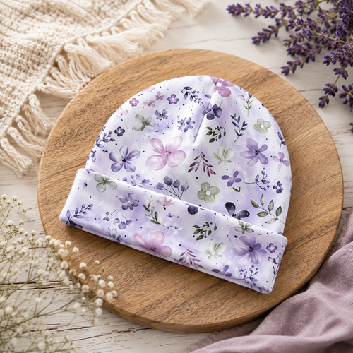 Weiche Baby-Mütze von AnTalin mit zartem Lavendelwiese Blumenmuster, ideal für kleine Babys und angenehmen Tragekomfort