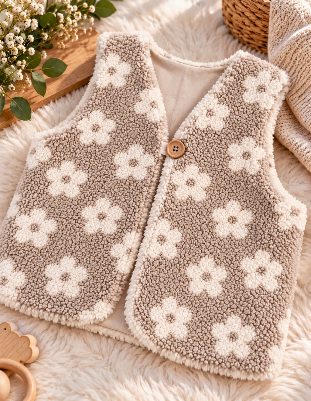 Kuschelige Teddyweste mit Blumen- Kinderweste in Taupe