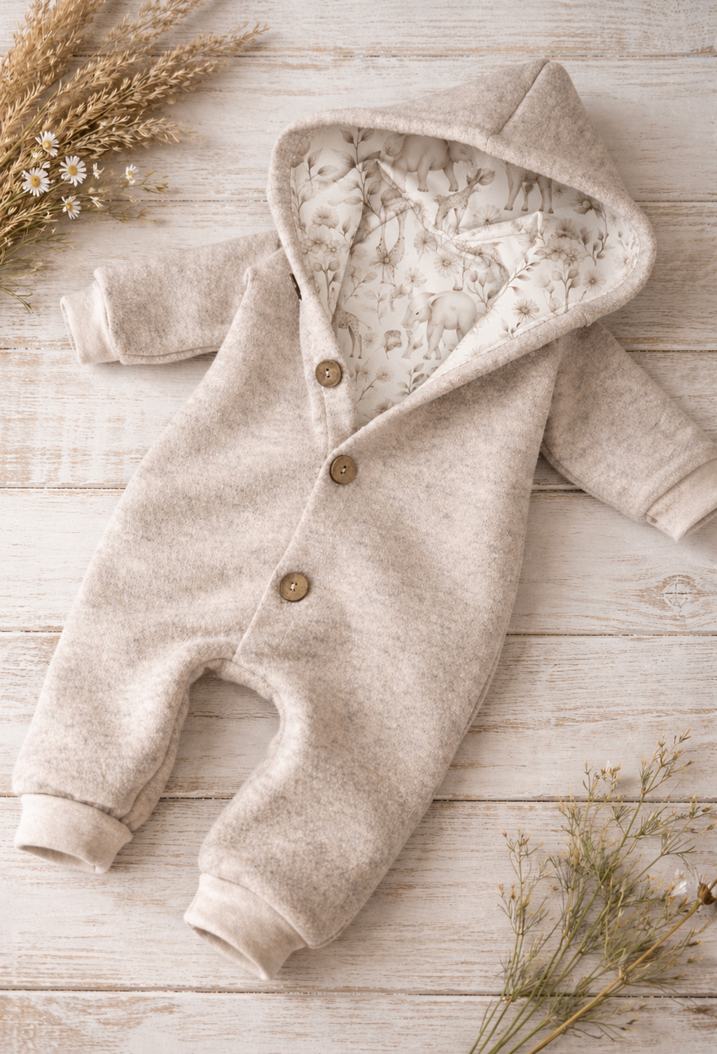 Walk Overall mit Kaputze in beige- kuscheliger Einteiler mit Safari-Innenfutter