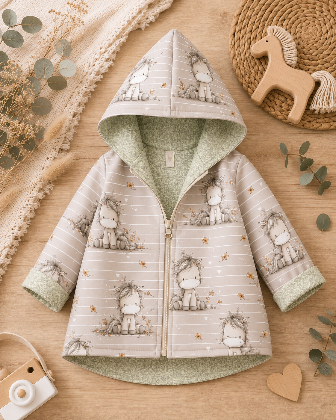 Kinder-Softshelljacke mit Kapuze von AnTalin, dekorativ mit Pony-Design, wetterbeständig und bequem für Kinder.